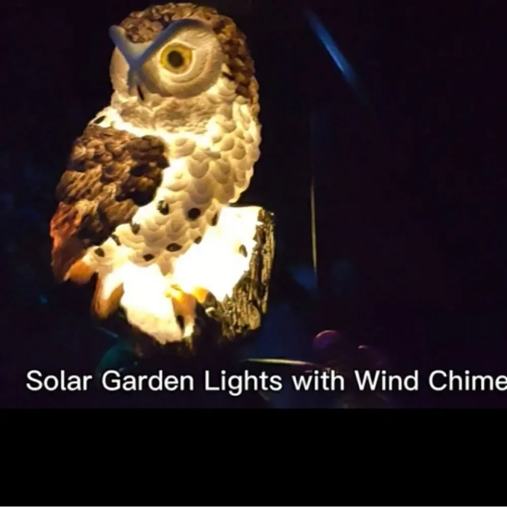 Solar OWL Wind-chimes. Outdoor decor solar powered lights up at night.